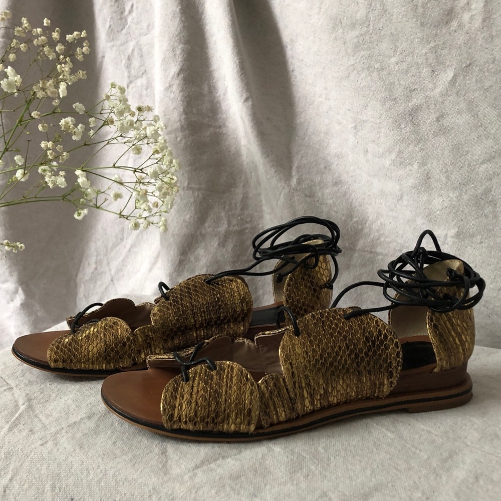 10 Crosby Derek Lam  Penny Snake-Print Lace-Up Sandal, Gold Gladiator Lace Up